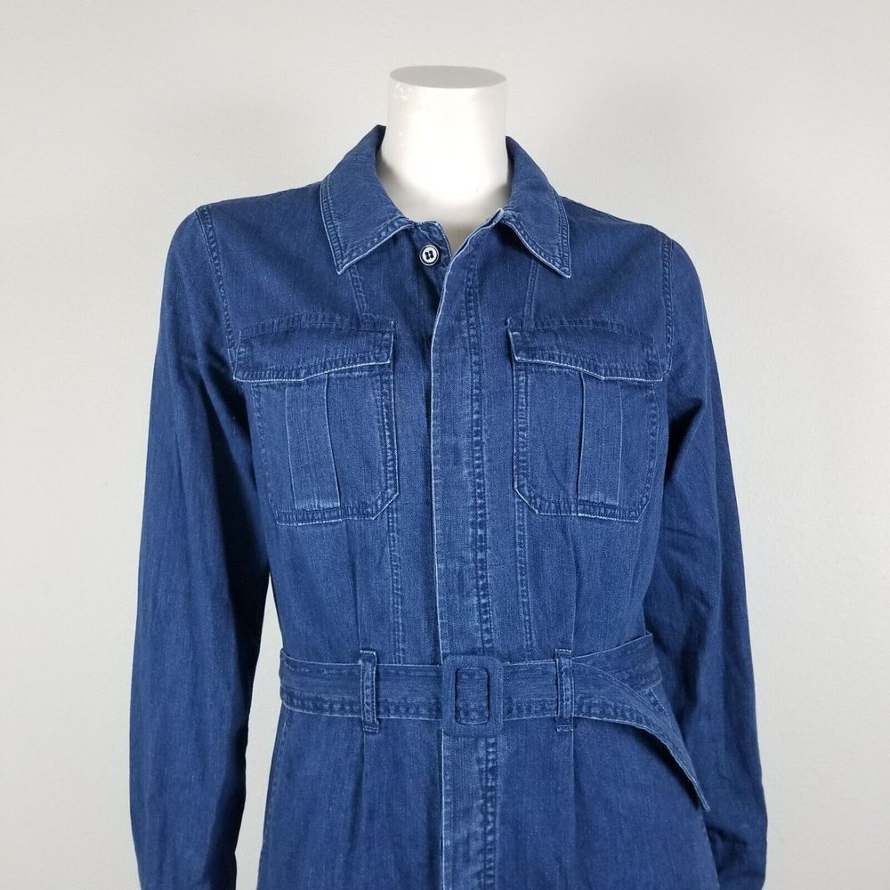 A.P.C. Indigo Chambray Denim Minimalist Cotton Knee Length Belted Shirt Dress M - Picture 3 of 13